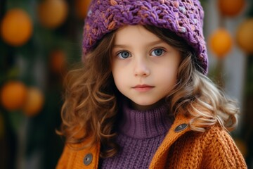 portrait of a beautiful little girl in a knitted hat and coat