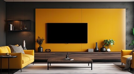 black TV with yellow scene in modern interior, minimalism concept