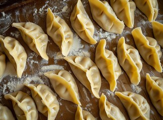 Fresh uncooked dumplings on a floured wooden surface, ready for cooking.