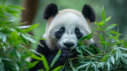 Naklejka premium A panda feasts on bamboo leaves, showcasing its voracious appetite