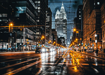 Fototapeta na wymiar Manhattan, New York City, USA. Traffic on the street at night.