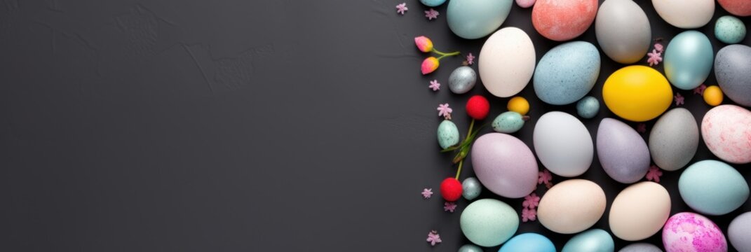 Gray background with colorful easter eggs round frame texture