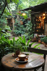 A rustic cafe table set against a lush garden backdrop, inviting relaxation.