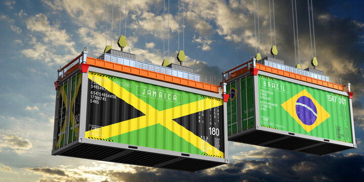 Shipping containers with flags of Jamaica and Brazil - 3D illustration