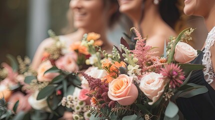 Bride holding a beautiful bouquet, surrounded by bridesmaids with their floral arrangements, creating a joyous and festive atmosphere for the wedding celebration