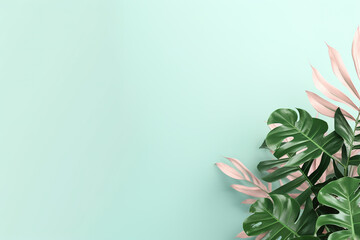 Fototapeta na wymiar Tropical leaves on pastel background with copy space
