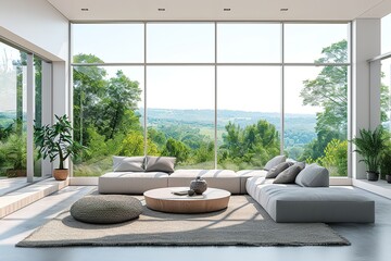 Bright living room interior with large panoramic window.