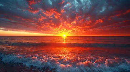 The horizon transforms into a fiery canvas as the sun dips below the water.