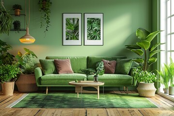 Dining room interior with a green wall and a living room with a green sofa.