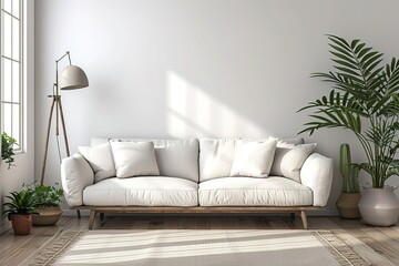 Bright modern living room with white sofa, floor lamp and green plant on wooden laminate. Scandinavian style, cozy interior background. Bright stylish room mockup. 3d render.