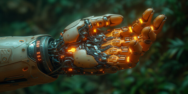 Roboter Hand ge&ouml;ffnet im dunklen Licht und LED Lichter