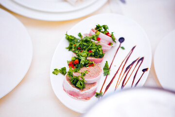 Meat dish: Meat dish with vegetables on white plate