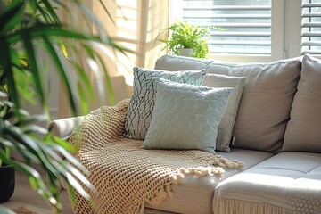 Grey sofa with pillows near window in stylish living room interior.
