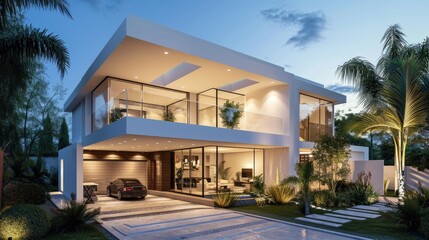 Modern white house with large windows, garage, and lush green trees. - obrazy, fototapety, plakaty