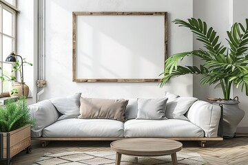 Horizontal wooden frame mockup in scandinavian farmhouse living room interior, 3d render.