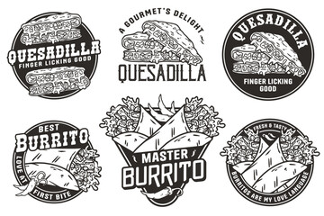 Fototapeta premium Monochrome Mexican quesadilla and burrito set vector with cheese and vegetable for logo or emblem. Latin traditional mexican fast food. Mexico food with tortilla and meat for poster or print