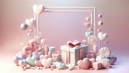 A romantic Valentine's Day setup featuring a gift box with a bow, surrounded by floating heart balloons on a pastel background.