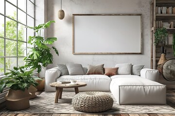 Horizontal wooden frame mockup in scandinavian farmhouse living room interior, 3d render.