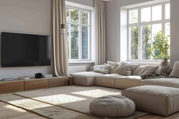Interior of living room with comfortable sofa and TV against windows in contemporary apartment.