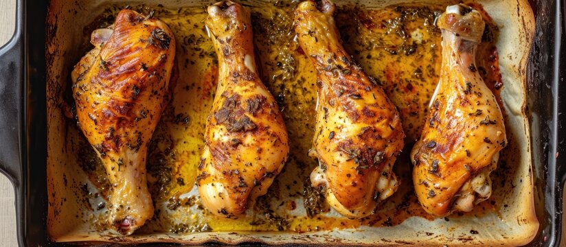 Chicken legs placed side by side, baked.