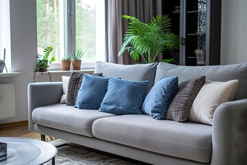 Grey sofa with pillows near window in stylish living room interior.