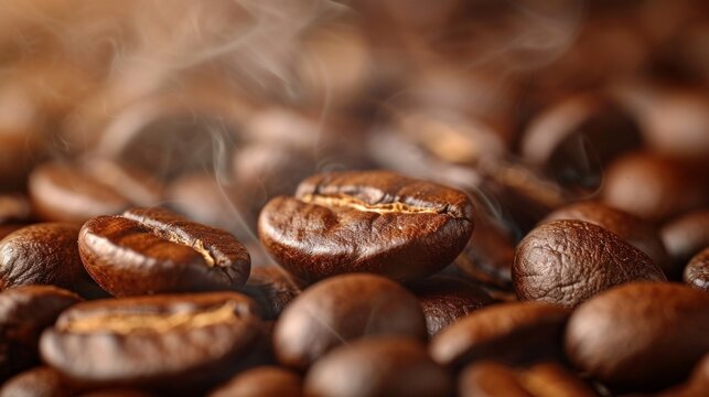 Close-up of coffee beans, emitting a fragrant aroma, promising a flavorful experience © olegganko