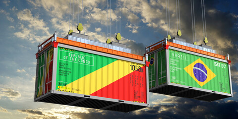 Shipping containers with flags of Congo and Brazil - 3D illustration
