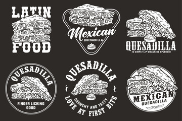 Fototapeta premium Monochrome Mexican quesadilla set vector with cheese and vegetable for logo or emblem. Latin traditional mexican fast food. Quesadillas Mexico food with tortilla and meat for poster or print