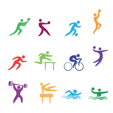Colored icons silhouettes of athletes in various sports with the ball and equipment, vector image 