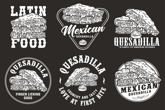 Monochrome Mexican quesadilla set vector with cheese and vegetable for logo or emblem. Latin traditional mexican fast food. Quesadillas Mexico food with tortilla and meat for poster or print