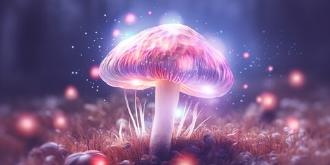 Fairy mushrooms glowing in dark forest