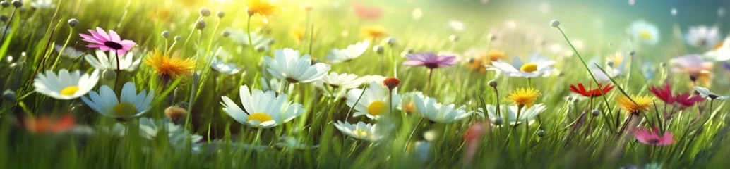 Rolgordijnen Field of daisies in green grass, closeup of summer flowers © inspiretta