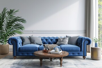 Living room with a blue sofa and a stylish wooden tables. 3d render.