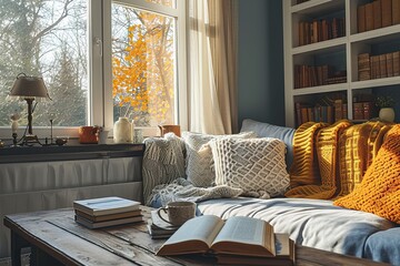 Living room sofa with pillows coffee and book.