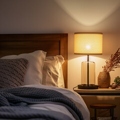 Cozy bedroom interior highlighted by the warm glow of a stylish table lamp, creating a peaceful and inviting atmosphere.