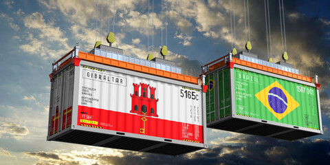 Obraz premium Shipping containers with flags of Gibraltar and Brazil - 3D illustration