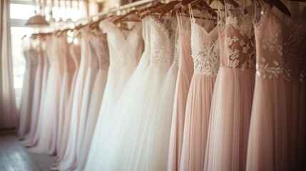 Elegant wedding dresses and bridesmaids' gowns awaiting the ceremony
