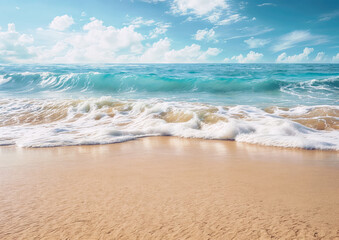 Fototapeta na wymiar sandy beach with a blue ocean in the background Beautiful tropical beach and sea with blue sky background