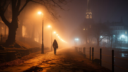 Une femme marchant tard dans la nuit dans les rues d'une ville.