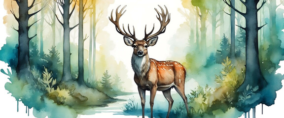 Deer in the forest watercolor art