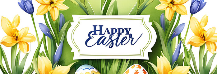 Easter card with the inscription "Happy Easter!" easter banny, eggs, daffodils and Scilla (eastern camas), vector watercolor illustration on a white background. Watercolor rabbit