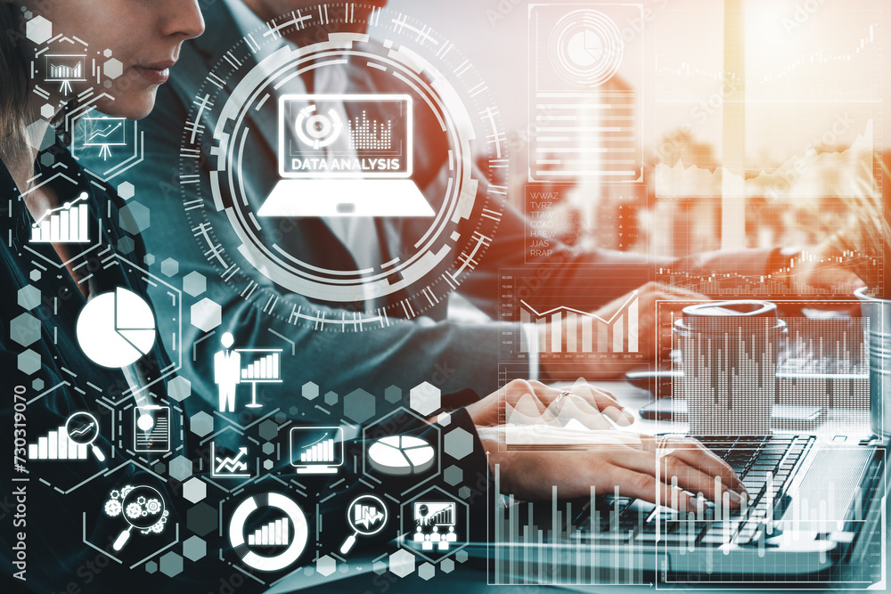 Poster data analysis for business and finance concept. interface showing future computer technology of prof