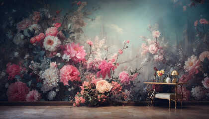 A photo of a room with a large wall art with flowers on it, in the style of mysterious backdrops, rococo pastel, poetic naturalism, realistic still lifes with dramatic lighting, light cyan, and pink. - obrazy, fototapety, plakaty