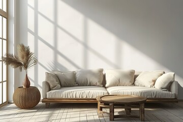 Minimal concept. interior of living beige fabric sofa, wooden table on wooden floor and white wall.