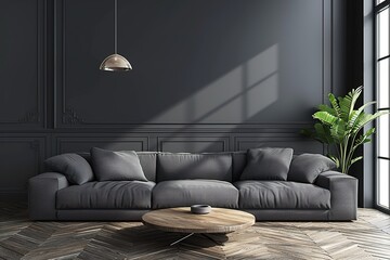 Minimal concept. interior of living grey fabric sofa, wooden table, ceiling lamp and frame on wooden floor and black wall.