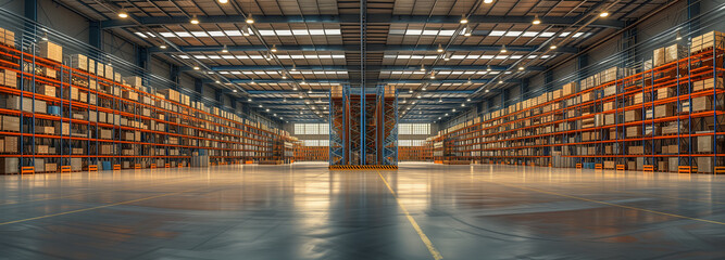 Interior of a modern warehouse storage of retail shop with pallet truck near shelves Interior of a modern warehouse storage of retail shop with pallet truck near shelves Wide shot - obrazy, fototapety, plakaty