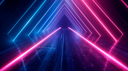 Vibrant neon lights forming triangular shapes with a futuristic tunnel effect.