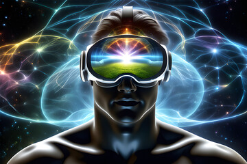 Man wearing virtual reality headset, electronic head device, avatar, virtual data. Abstract vr world.