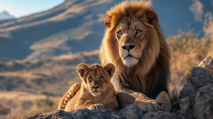 A proud and handsome male African lion lies in the savannah with his son, cub, and looks at the...