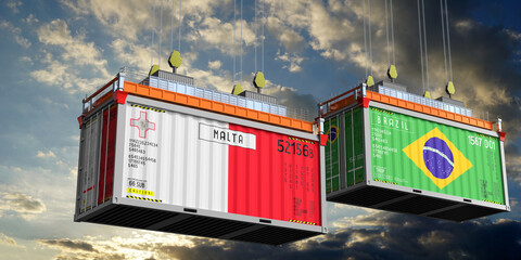 Shipping containers with flags of Malta and Brazil - 3D illustration - obrazy, fototapety, plakaty